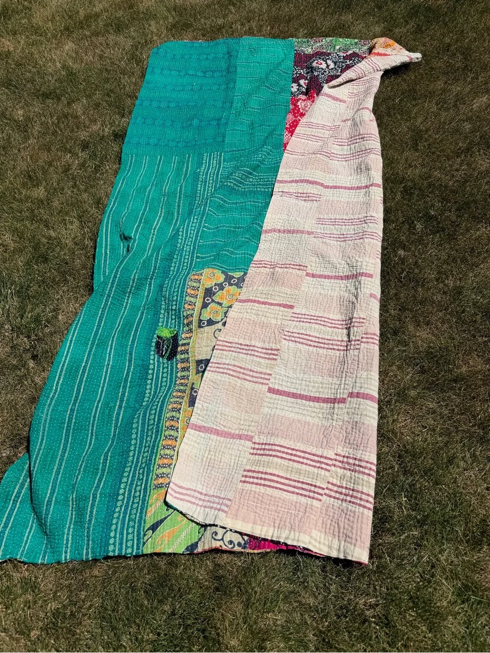 Vintage Handmade Indian Kantha Quilt Blanket Reversible Patchwork